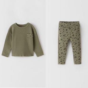 Zara Baby Toddler Girl Khaki Floral Waffle Knit 2-Piece Matching Set